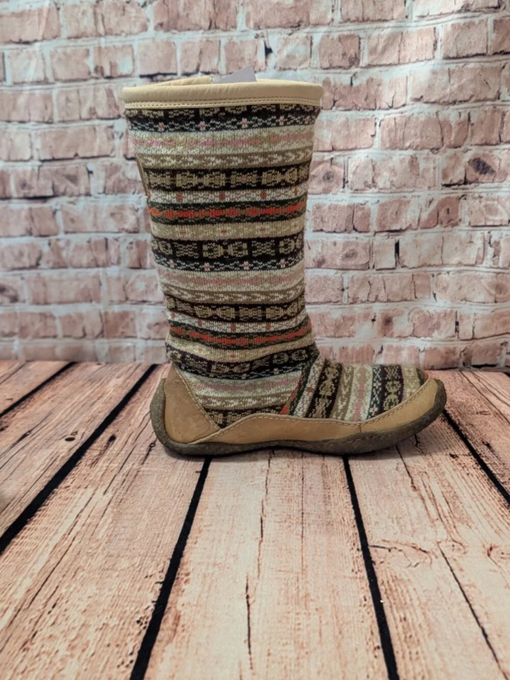 Sorel Norquay Patterned Tan Knit Mid-Calf Sweater Boots with Side Zip Size 8